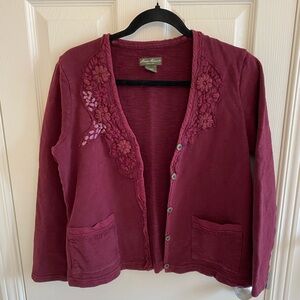Eddie Bauer burgundy cardigan with embroidered flowers Size large petite